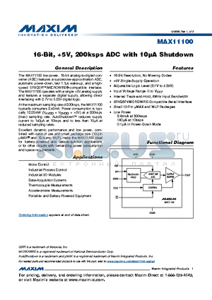 MAX11100 datasheet - 16-Bit, 5V, 200ksps ADC with 10lA Shutdown
