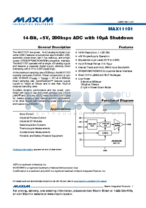 MAX11101 datasheet - 14-Bit, 5V, 200ksps ADC with 10lA Shutdown
