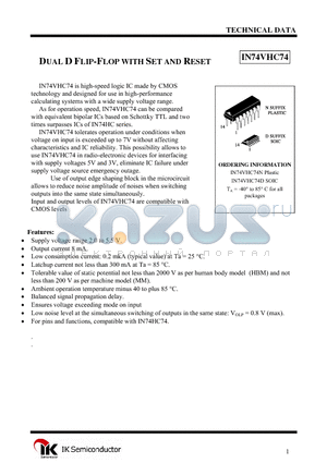 IN74VHC74 datasheet - DUAL D FLIP-FLOP WITH SET AND RESET