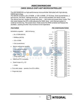 IN80C49N datasheet - CMOS SINGLE-CHIP 8-BIT MICROCONTROLLER