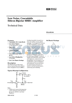 INA03184 datasheet - Low Noise, Cascadable Silicon Bipolar MMIC Amplifier