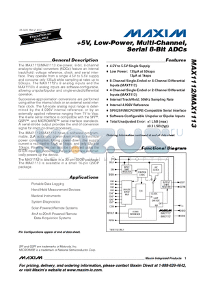 MAX1113EEE datasheet - 5V, Low-Power, Multi-Channel, Serial 8-Bit ADCs Internal 4.096V Reference