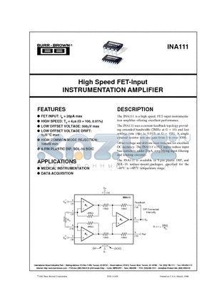 INA111AU datasheet - High Speed FET-Input INSTRUMENTATION AMPLIFIER