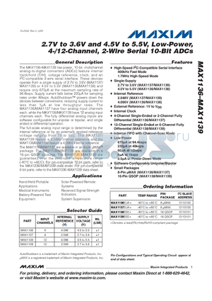 MAX1139EEE+ datasheet - 2.7V to 3.6V and 4.5V to 5.5V, Low-Power, 4-/12-Channel, 2-Wire Serial 10-Bit ADCs