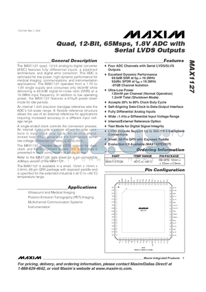 MAX1127 datasheet - Quad, 12-Bit, 65Msps, 1.8V ADC with Serial LVDS Outputs