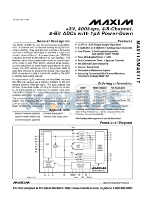 MAX113-MAX117 datasheet - 3V, 400ksps, 4/8-Channel, 8-Bit ADCs with 1UA Power-Down