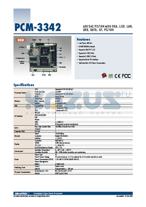 PCM-3342 datasheet - x86 SoC PC/104 with VGA, LCD, LAN, USB, SATA, CF, PC/104