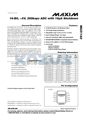 MAX1162AC_B datasheet - 16-Bit, 5V, 200ksps ADC with 10lA Shutdown