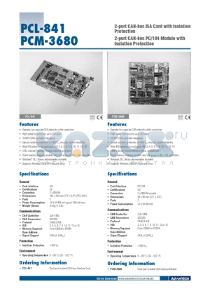PCM-3680 datasheet - 2-port CAN-bus ISA Card with Isolation Protection
