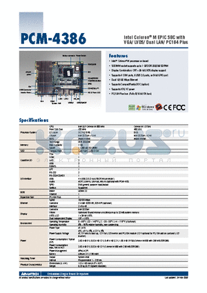 PCM-4386FY-S0A2E datasheet - Intel Celeron^ M EPIC SBC with VGA/ LVDS/ Dual LAN/ PC104 Plus