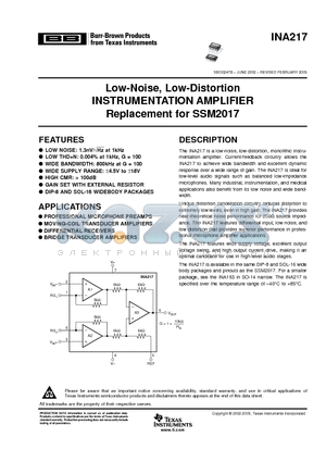 INA217AIDWRE4 datasheet - Low-Noise, Low-Distortion INSTRUMENTATION AMPLIFIER Replacement for SSM2017