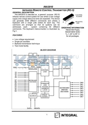INA3010D datasheet - INFRARED REMOTE CONTROL TRANSMITTER (RC-5)