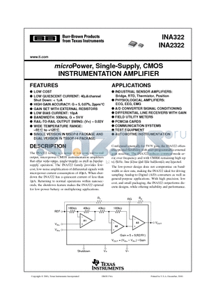 INA322EA/2K5 datasheet - microPower, Single-Supply, CMOS INSTRUMENTATION AMPLIFIER