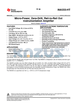 INA333SHKJ datasheet - Micro-Power, Zer-Drift, Rail-to-Rail Out Instrumentation Amplifier