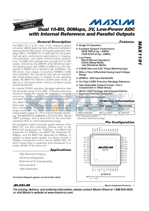 MAX1181 datasheet - Dual 10-Bit, 80Msps, 3V, Low-Power ADC with Internal Reference and Parallel Outputs