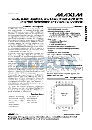 MAX1197 datasheet - Dual, 8-Bit, 40Msps, 3V, Low-Power ADC with Internal Reference and Parallel Outputs