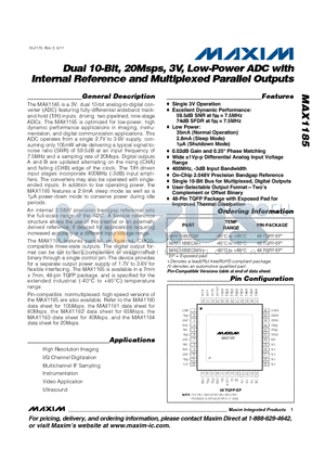 MAX1185ECM datasheet - Dual 10-Bit, 20Msps, 3V, Low-Power ADC with Internal Reference and Multiplexed Parallel Outputs