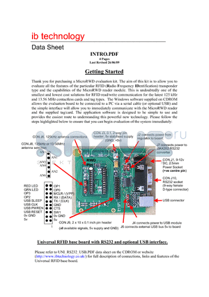 INTRO datasheet - Universal RFID base board with RS232 and optional USB interface.