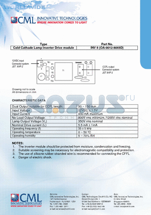 INV5 datasheet - Cold Cathode Lamp Inverter Drive module