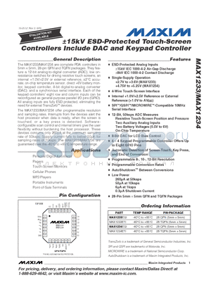 MAX1233 datasheet - a15kV ESD-Protected Touch-Screen Controllers Include DAC and Keypad Controller