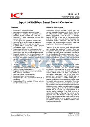 IP1718LF-DS-R01 datasheet - 18-port 10/100Mbps Smart Switch Controller