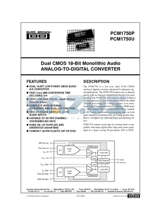 PCM1750U datasheet - Dual CMOS 18-Bit Monolithic Audio ANALOG-TO-DIGITAL CONVERTER