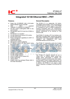 IP100ALF datasheet - Integrated 10/100 Ethernet MAC  PHY