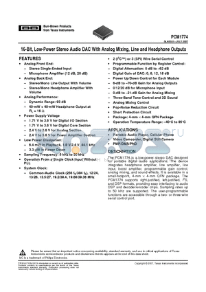 PCM1774 datasheet - 16-Bit, Low-Power Stereo Audio DAC With Analog Mixing, Line and Headphone Outputs