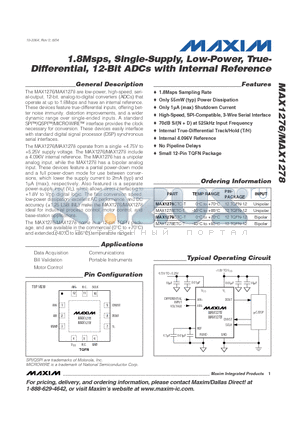 MAX1276ETC-T datasheet - 1.8Msps, Single-Supply, Low-Power, True-Differential, 12-Bit ADCs with Internal Reference