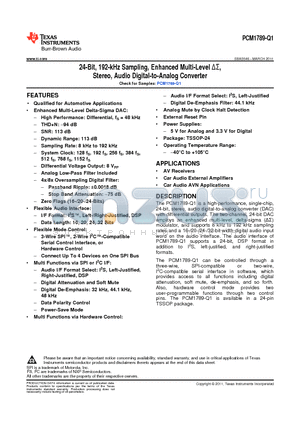 PCM1789IPWRQ1 datasheet - 24-Bit, 192-kHz Sampling, Enhanced Multi-Level DS, Stereo, Audio Digital-to-Analog Converter