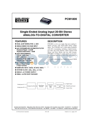 PCM1800 datasheet - Single-Ended Analog Input 20-Bit Stereo ANALOG-TO-DIGITAL CONVERTER