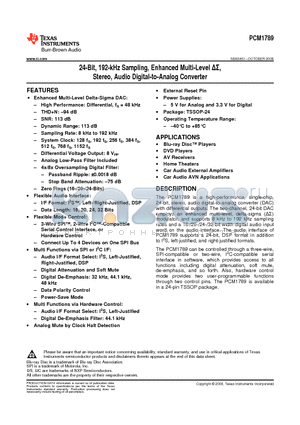 PCM1789PW datasheet - 24-Bit, 192-kHz Sampling, Enhanced Multi-Level DS,Stereo, Audio Digital-to-Analog Converter