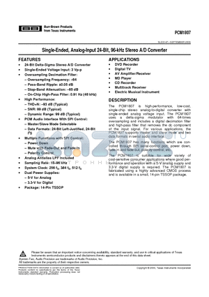 PCM1807PW datasheet - Single-Ended, Analog-Input 24-Bit, 96-kHz Stereo A/D Converter