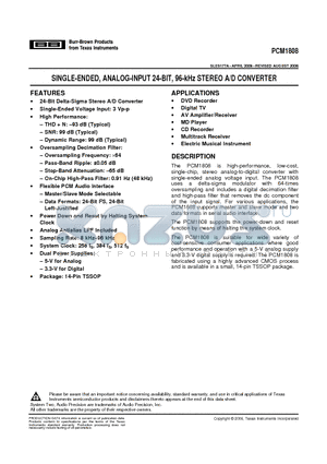 PCM1808PWRG4 datasheet - SINGLE-ENDED, ANALOG-INPUT 24-BIT, 96-kHz STEREO A/D CONVERTER