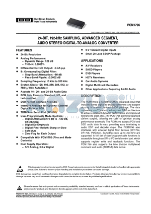 PCM1796DB datasheet - 24-BIT, 192-kHz SAMPLING, ADVANCED SEGMENT, AUDIO STEREO DIGITAL-TO-ANALOG CONVERTER