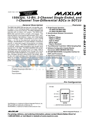 MAX1287 datasheet - 150ksps, 12-Bit, 2-Channel Single-Ended, and 1-Channel True-Differential ADCs in SOT23
