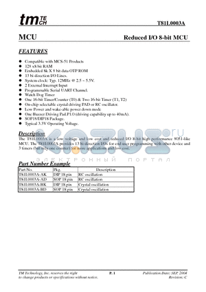 T81L0003A-BK datasheet - Reduced I/O 8-bit MCU