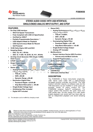 PCM2903B datasheet - STEREO AUDIO CODEC WITH USB INTERFACE, SINGLE-ENDED ANALOG INPUT/OUTPUT, AND S/PDIF