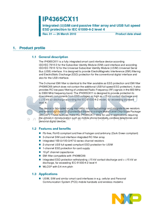 IP4365CX11/P datasheet - Integrated (U)SIM card passive filter array and USB full speed ESD protection to IEC 61000-4-2 level 4