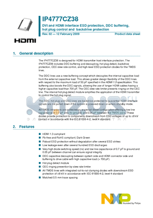 IP4777CZ38 datasheet - DVI and HDMI interface ESD protection, DDC buffering, hot plug control and backdrive protection