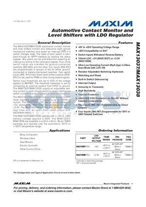 MAX13037ATX+ datasheet - Automotive Contact Monitor and Level Shifters with LDO Regulator