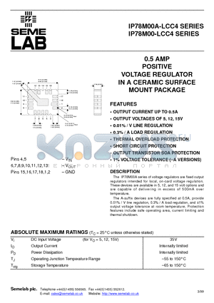 IP78M00A-LCC4 datasheet - 0.5 AMP POSITIVE VOLTAGE REGULATOR IN A CERAMIC SURFACE MOUNT PACKAGE