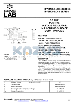 IP78M15A-LCC4 datasheet - 0.5 AMP POSITIVE VOLTAGE REGULATOR IN A CERAMIC SURFACE MOUNT PACKAGE