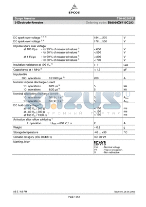T90-A230XF datasheet - SURGE ARRESTER 3-electrode arrester