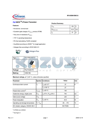 IPA105N15N3G datasheet - OptiMOS3 Power-Transistor