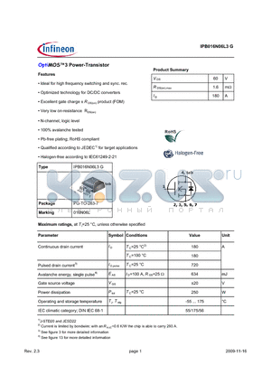 IPB016N06L3G datasheet - OptiMOS3 Power-Transistor