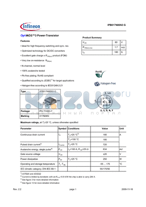 IPB017N06N3G datasheet - OptiMOS3 Power-Transistor