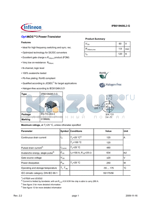 IPB019N06L3G datasheet - OptiMOS3 Power-Transistor