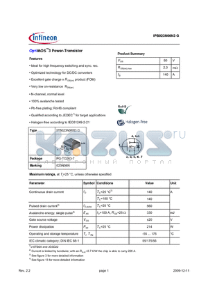 IPB023N06N3G datasheet - OptiMOS3 Power-Transistor