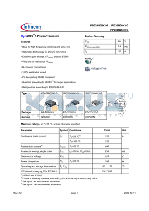 IPB029N06N3G datasheet - OptiMOS3 Power-Transistor Features Ideal for high frequency switching and sync. rec.